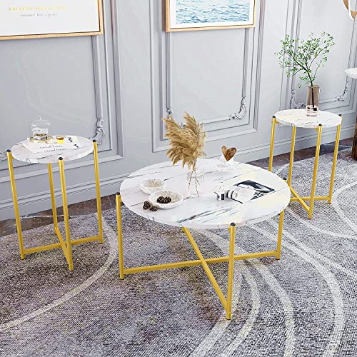 Hooseng Coffee Table Set of 3, Include Coffee Table & 2pcs Side Table, Living Room Table Sets with Faux Marble Tabletop and Metal Frame, Perfect for Apartment, Small Space