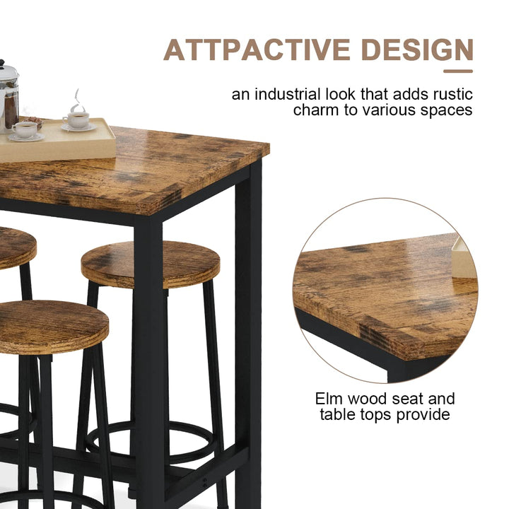 Lamerge Bar Table Set,Industrial Bar Table and Chairs Set,5 Pcs Dining Table Set Counter Height Pub Table with 4 Chairs, Wooden Breakfast Table Set Kitchen Counter,Adjustable Feet,Rustic Brown