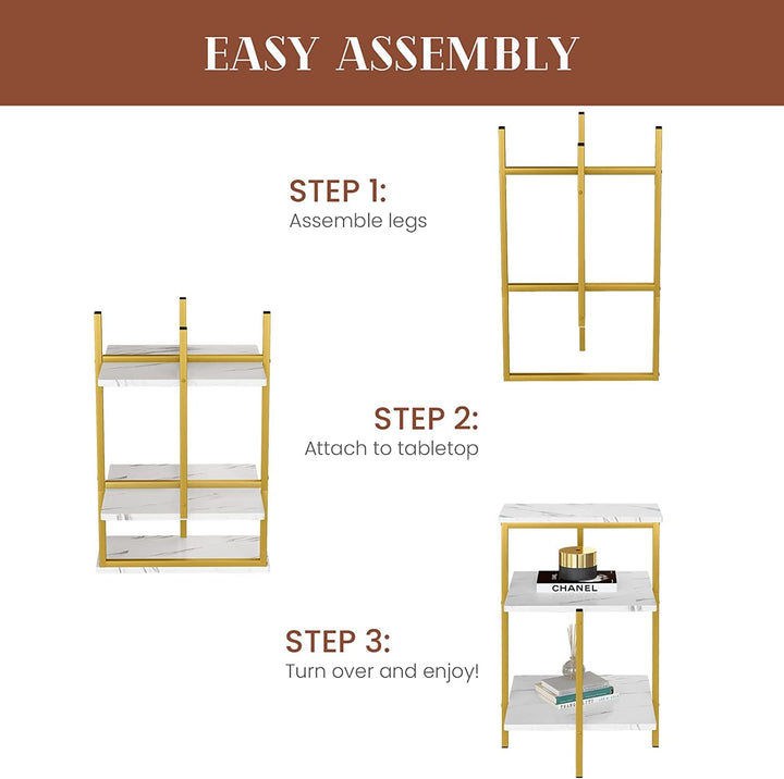 Lamerge White and Gold End Table, 3-Tier Faux Marble Side Table Small Round Coffee Table w/Metal Frame,Bedside Tables Nightstand for bedroom, Small Spaces