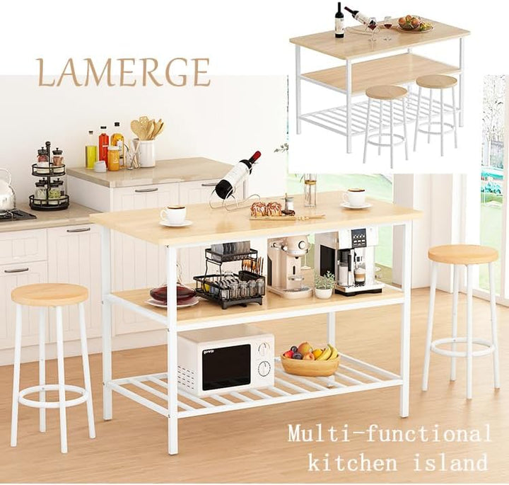 Lamerge Kitchen Table Set for 2,Kitchen Island with Seating and Storage, Island Table for Kitchen with 3 Shelves, Wooden Counter Height Table and Chairs Set,3 Piece Bar Table Set for Small Space,Beige