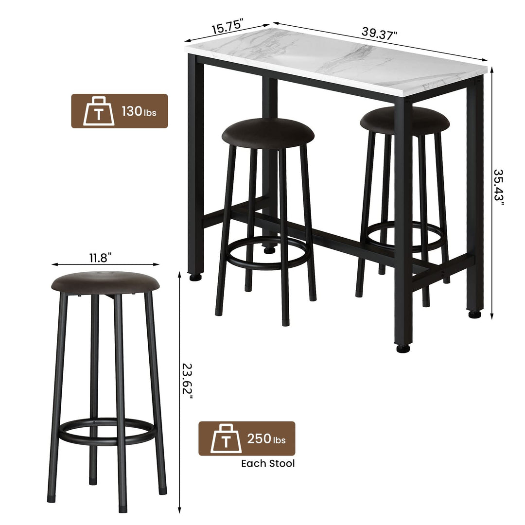 Lamerge Industrial Pub Height Table with 2 PU Upholstered Stools,3-Piece Kitchen Table and Chairs,Suit for Dining Room & Living Room & Breakfast Nook & Bistro,Bar Table Set for 2,Brown & Black,39.3"