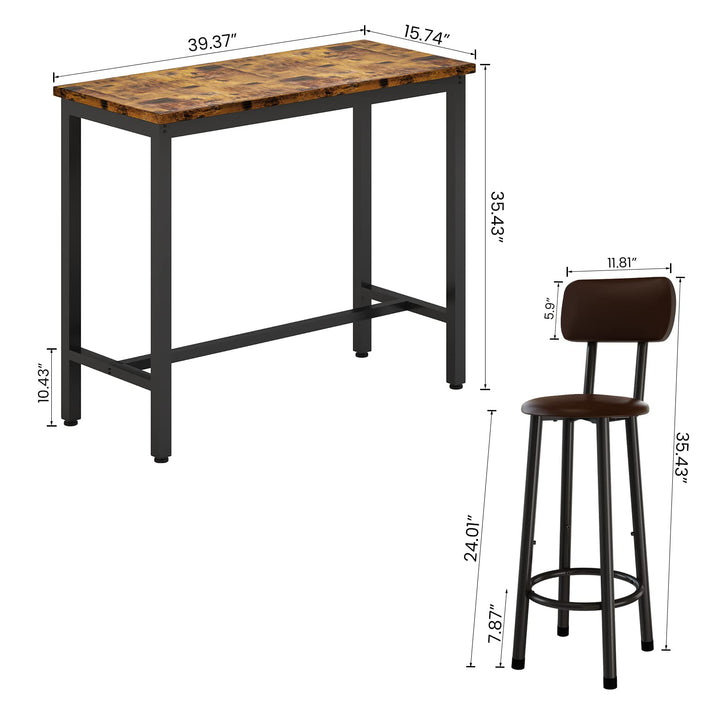 Lamerge Industrial Pub Height Table with 2 PU Upholstered Stools,3-Piece Kitchen Table and Chairs,Suit for Dining Room & Living Room & Breakfast Nook & Bistro,Bar Table Set for 2,Brown & Black,39.3"