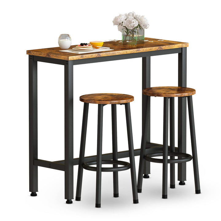 Lamerge Industrial Pub Height Table with 2 PU Upholstered Stools,3-Piece Kitchen Table and Chairs,Suit for Dining Room & Living Room & Breakfast Nook & Bistro,Bar Table Set for 2,Brown & Black,39.3"