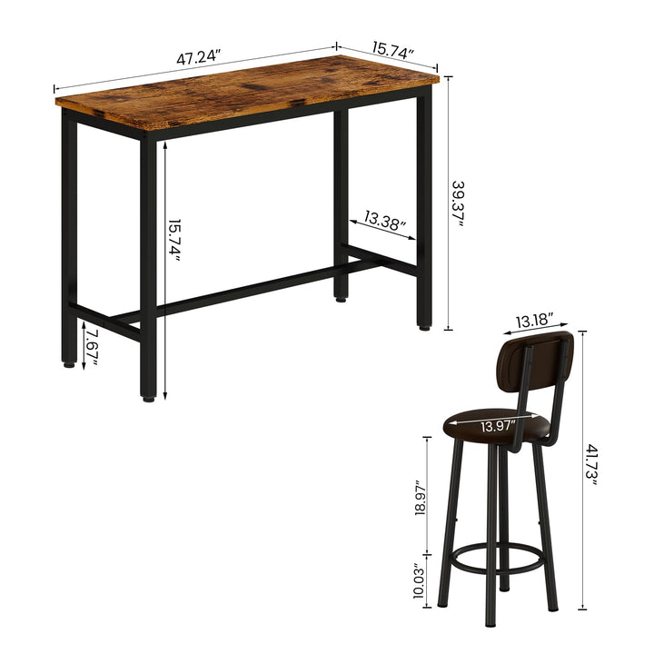 Lamerge Industrial Pub Height Table with 2 PU Upholstered Stools,3-Piece Kitchen Table and Chairs,Suit for Dining Room & Living Room & Breakfast Nook & Bistro,Bar Table Set for 2,Brown & Black,47.2"