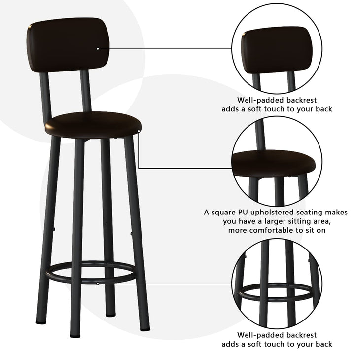 Hooseng Bar Stools, Set of 2 Bar Height Stools, PU Upholstered Breakfast Stools with Back and Footrest, Kitchen Bar Chairs for Dining Room, Kitchen, Easy Assembly