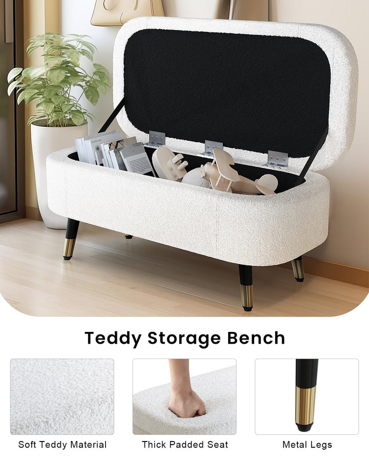 Lamerge 37 Inch Storage Bench, Faux Fur Storage Ottoman Bench with Metal Leg, Oval Entryway Ottoman, Upholstered Ottoman Footrest Bench for Living Room, Hallway, Bedroom, Beige