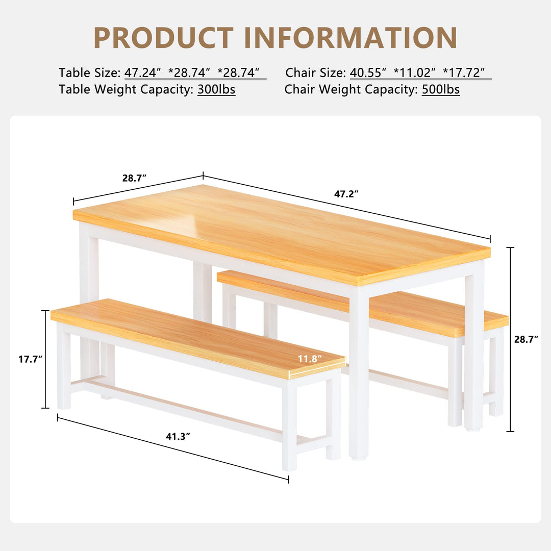 Hooseng Dining Table Set with Two Benches, Kitchen Table and Chairs for 4 People Family Use, 47in Space-Saving Bench Style Dining Table Set Furniture w/Heavy Duty Sturdy Metal, Easy Assemble, Beige