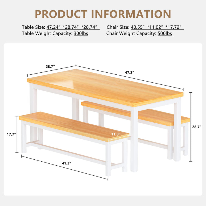 Hooseng Dining Table Set with Two Benches, Kitchen Table and Chairs for 4 People Family Use, 47in Space-Saving Bench Style Dining Table Set Furniture w/Heavy Duty Sturdy Metal, Easy Assemble, Beige