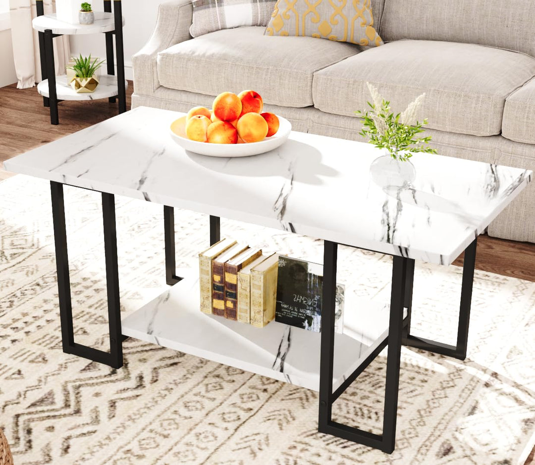 Lamerge Coffee Table Set of 3,Rectangle Coffee Table&2 Accent Table,Faux Marble Tabletop,3 Piece Living Room Table Sets with Multi Tier Storage, for Small Space, Apartment,White & Black