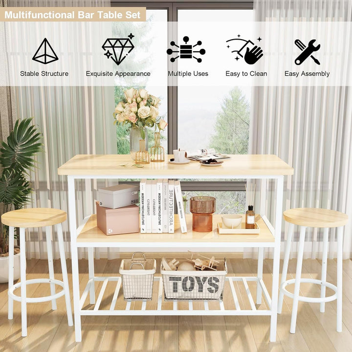 Lamerge Kitchen Table Set for 2,Kitchen Island with Seating and Storage, Island Table for Kitchen with 3 Shelves, Wooden Counter Height Table and Chairs Set,3 Piece Bar Table Set for Small Space,Beige