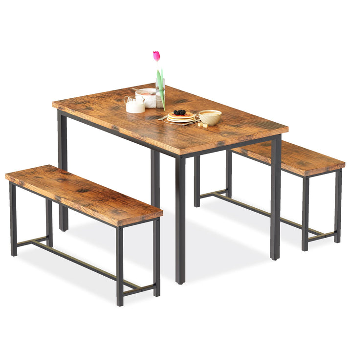 Hooseng Kitchen Table Set with Two Benches, Dining Table Set for 4-6 Persons, Space-Saving 47 Inch Small Kitchen Table Set for Breakfast Nook, Living Room, Apartment, Restaurant, Rustic Brown