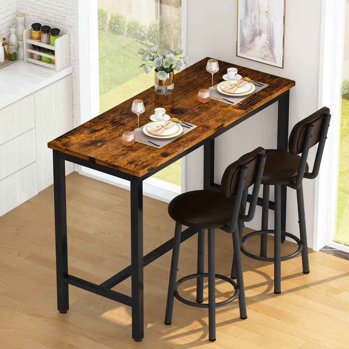 Lamerge Industrial Pub Height Table with 2 PU Upholstered Stools,3-Piece Kitchen Table and Chairs,Suit for Dining Room & Living Room & Breakfast Nook & Bistro,Bar Table Set for 2,Brown & Black,47.2"