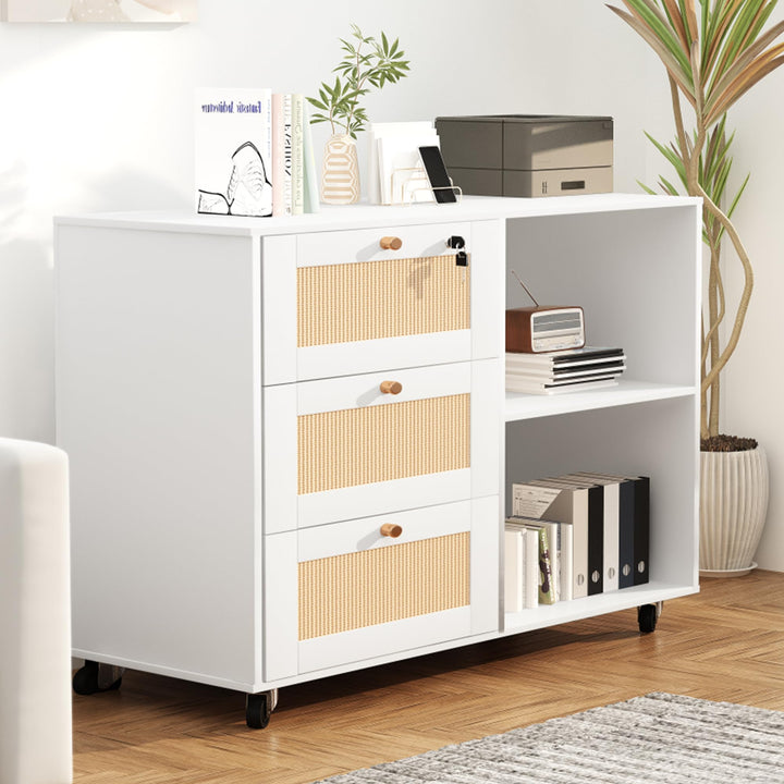 Lamerge White Filing Cabinet with Drawers & Lock, Wood Printer Stand with Storage,Rattan Office Storage Cabinet Mobile Lateral Filing Cabinet for Home Office with Open Storage Shelves