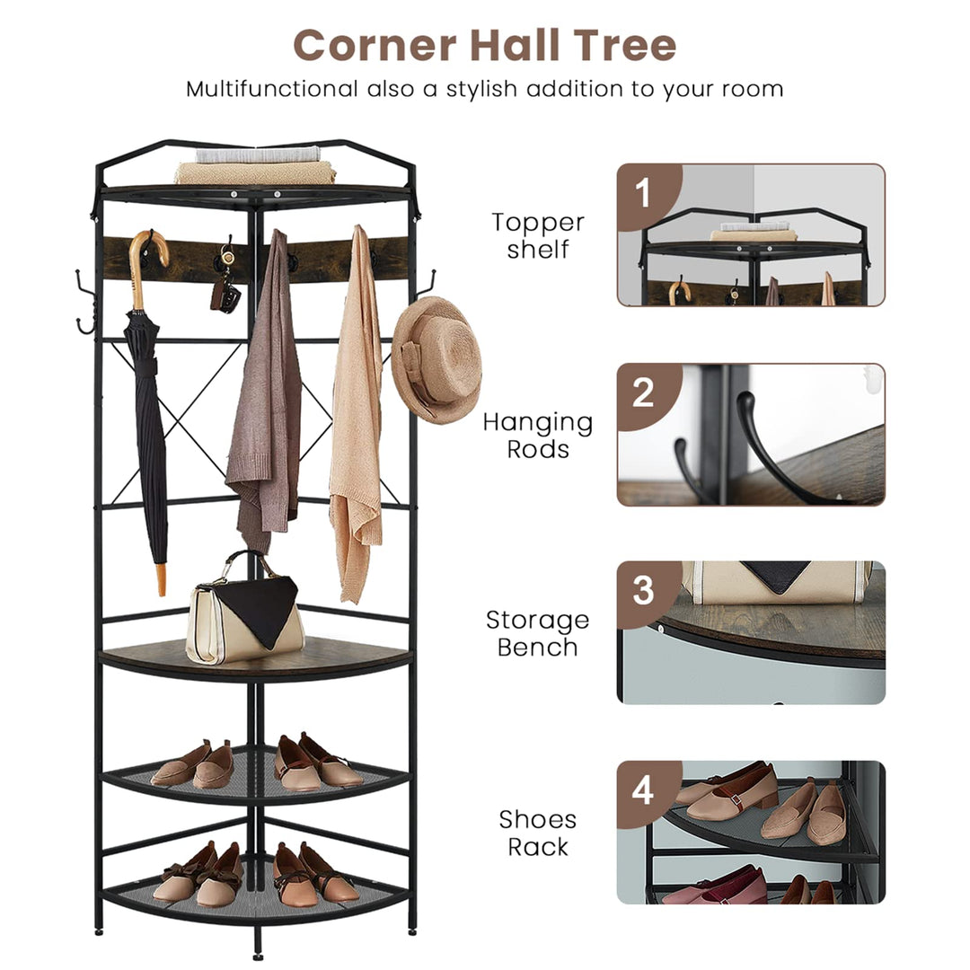 Recaceik Hall Tree, Entryway Coat Rack with Drawer, Industrial 5 In 1 Entryway Bench with Storage Shoe Rack and 12 Hooks, Freestanding Home Organizer with Shelf & Grid Panel, Anti-dumping