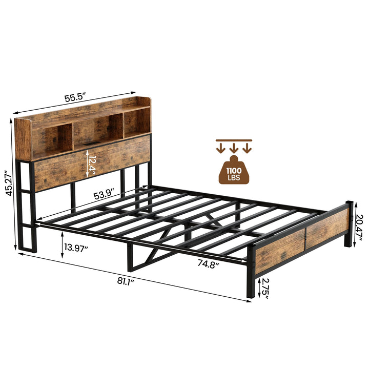 Lamerge Queen Bed Frame with Storage Headboard and Charging Station,Metal Platform Bed Queen with Bookcase Storage,No Box Spring Needed, Easy Assembly, Noise-Free, Walnut