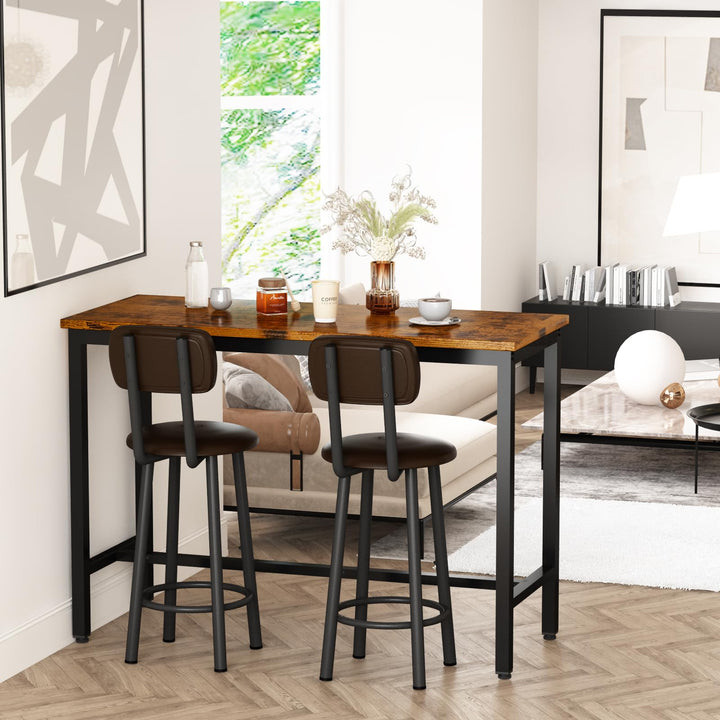 Lamerge Industrial Pub Height Table with 2 PU Upholstered Stools,3-Piece Kitchen Table and Chairs,Suit for Dining Room & Living Room & Breakfast Nook & Bistro,Bar Table Set for 2,Brown & Black,47.2"