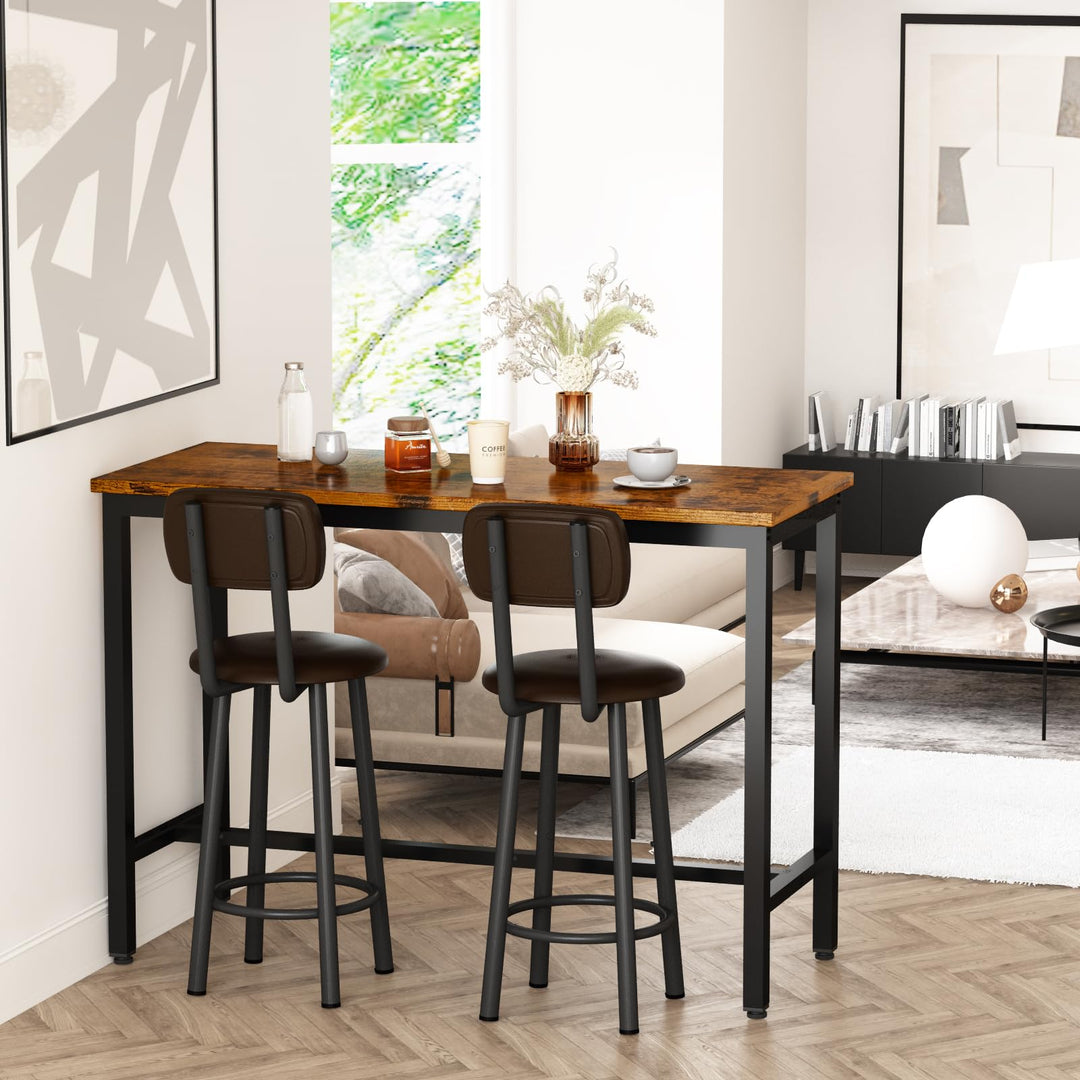 Lamerge Industrial Pub Height Table with 2 PU Upholstered Stools,3-Piece Kitchen Table and Chairs,Suit for Dining Room & Living Room & Breakfast Nook & Bistro,Bar Table Set for 2,Brown & Black,39.3"