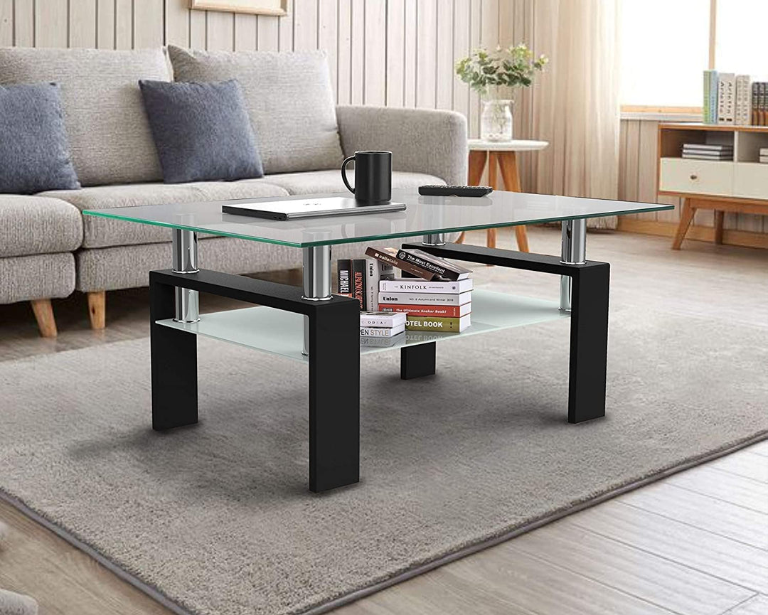 Lamerge Glass Coffee Table, Rectangular Coffee Table with Metal Legs &Storage Shelf,Modern Center Table for Living Room,2-Tier Glass Top Table Waiting Area Table,Black