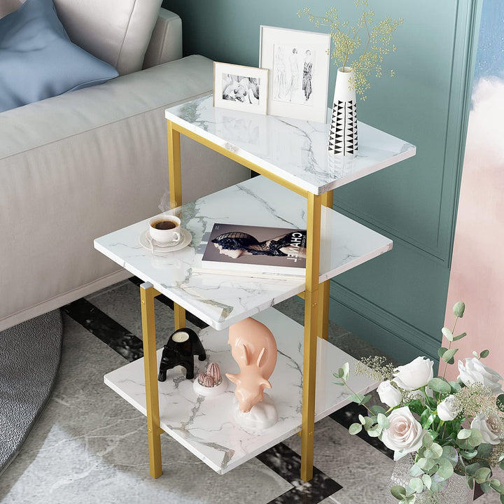 Lamerge White and Gold End Table, 3-Tier Faux Marble Side Table Small Round Coffee Table w/Metal Frame,Bedside Tables Nightstand for bedroom, Small Spaces