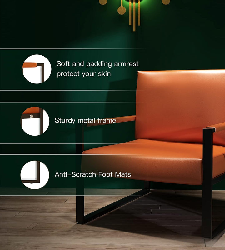 Hooseng Living Room Armchair-Leather Single Sofa Extra-Large Accent Chair Ergonomic Cushion, Sturdy Metal Frame w/Anti-Scratch Foot Mats, 282829, New Look-Orange