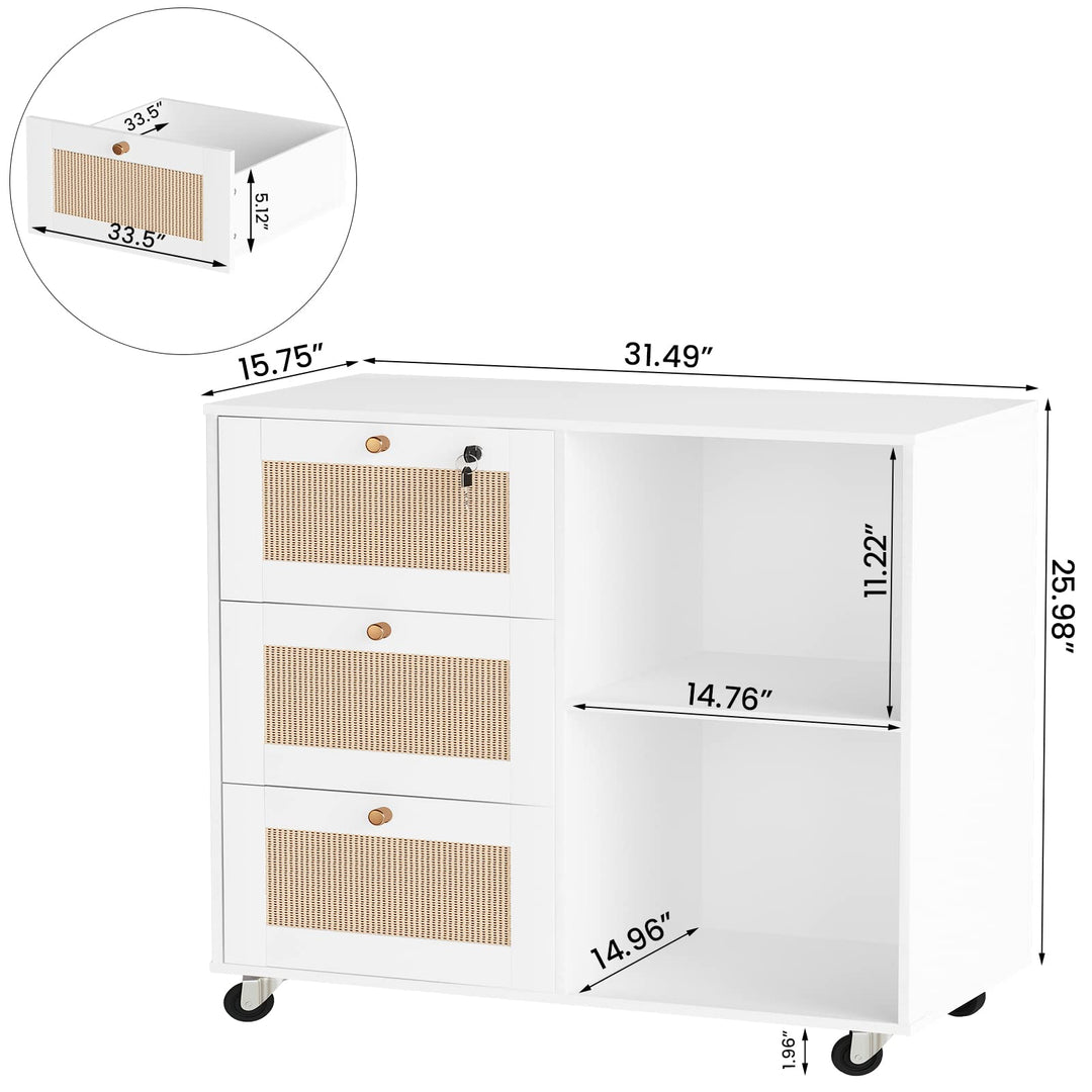 Lamerge White Filing Cabinet with Drawers & Lock, Wood Printer Stand with Storage,Rattan Office Storage Cabinet Mobile Lateral Filing Cabinet for Home Office with Open Storage Shelves