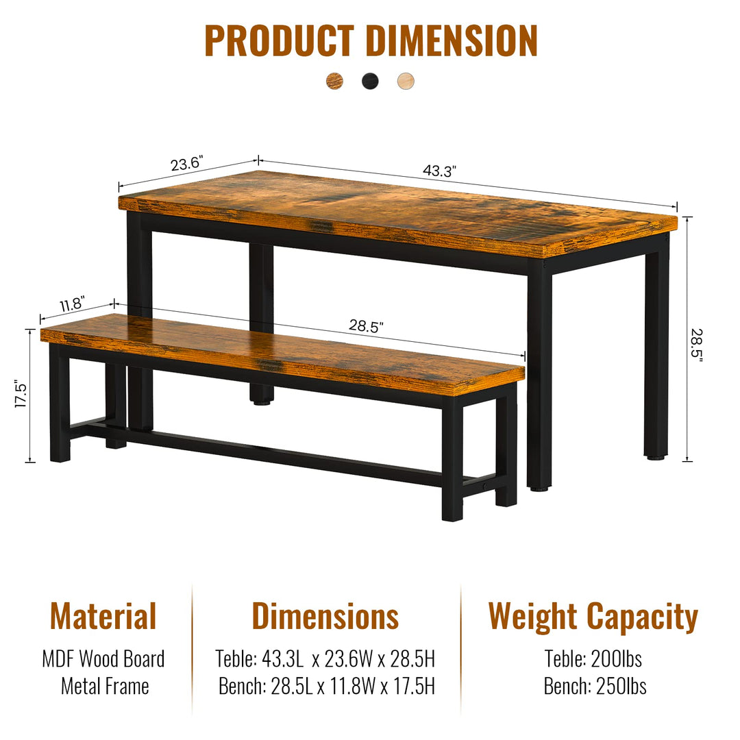 Lamerge Kitchen Table Set with 2 Benches 4 Person Dining Room Table Set for Home Kitchen, Dining Room, Restaurant, Space Saving, 47.2inch Table and 41.3inch Bench, Industrial Brown,CZ-01