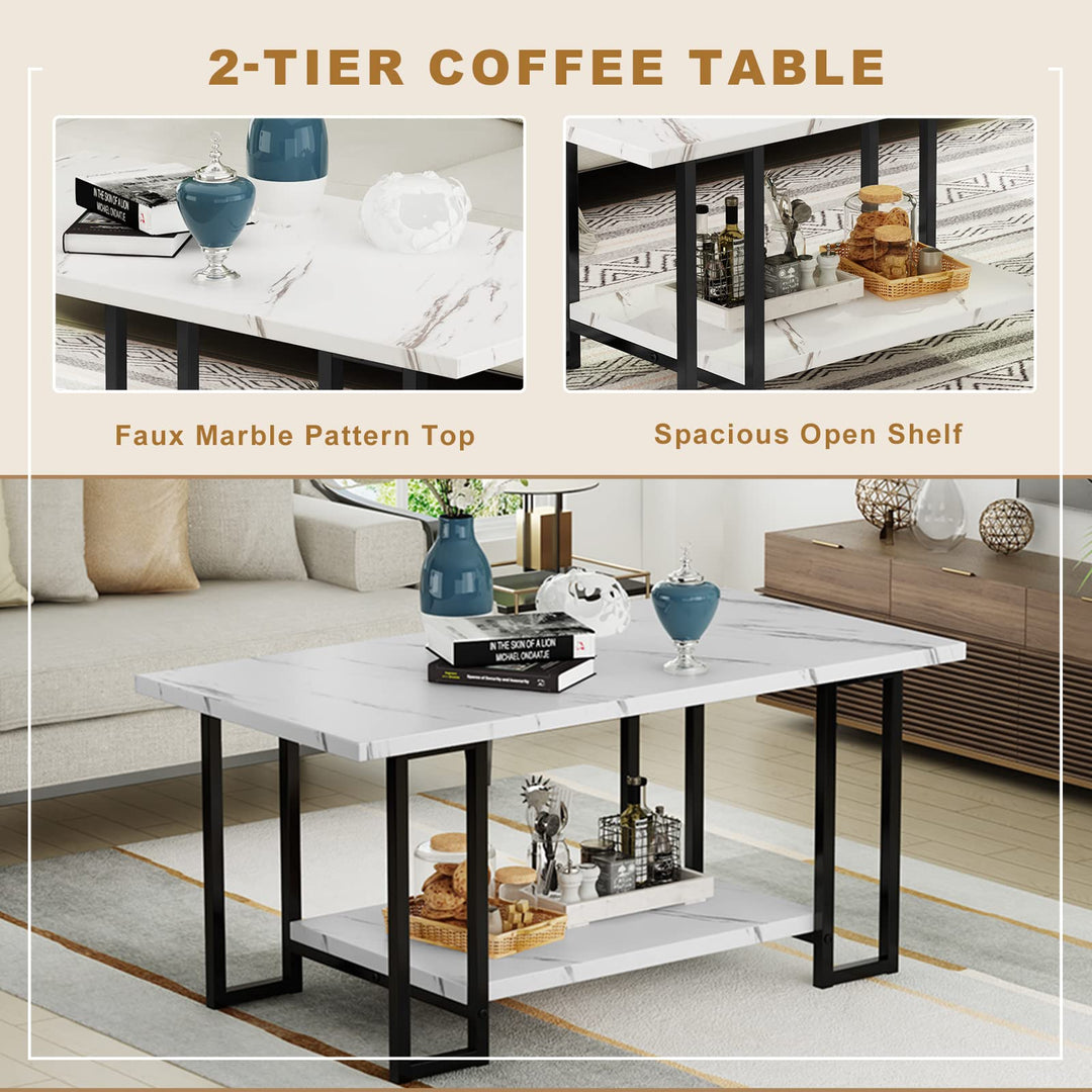 Lamerge Coffee Table, Modern Faux Marble Top Coffee Table with Metal Frame and Storage Shelf, 2-Tier Rectangle Accent Cocktail Table for Living Room, Office, White Black