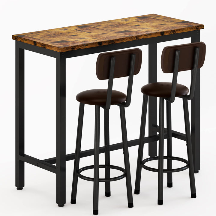 Lamerge Industrial Pub Height Table with 2 PU Upholstered Stools,3-Piece Kitchen Table and Chairs,Suit for Dining Room & Living Room & Breakfast Nook & Bistro,Bar Table Set for 2,Brown & Black,39.3"