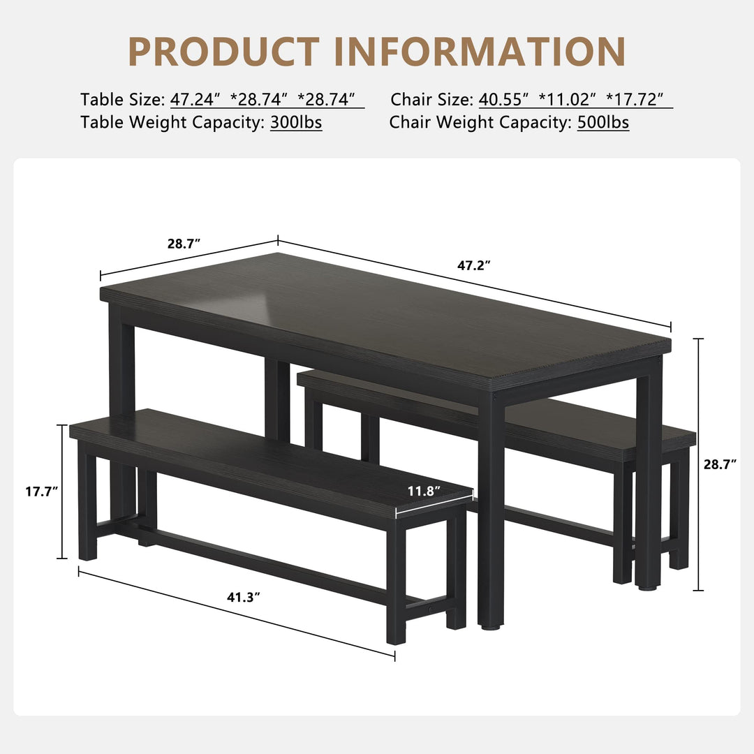 Hooseng Dining Table Set with Two Benches, Kitchen Table and Chairs for 4 People Family Use, 47in Space-Saving Bench Style Dining Table Set Furniture w/Heavy Duty Sturdy Metal, Easy Assemble, Beige