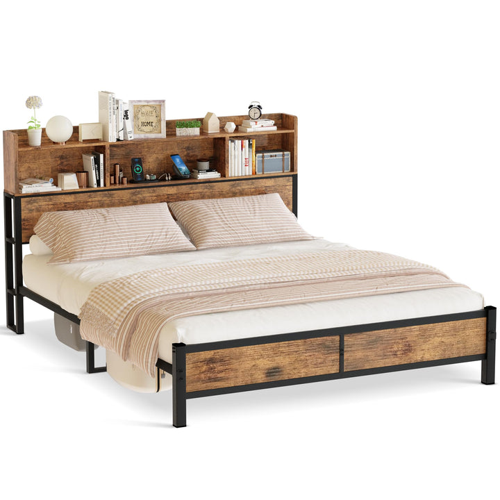 Lamerge Queen Bed Frame with Storage Headboard and Charging Station,Metal Platform Bed Queen with Bookcase Storage,No Box Spring Needed, Easy Assembly, Noise-Free, Walnut