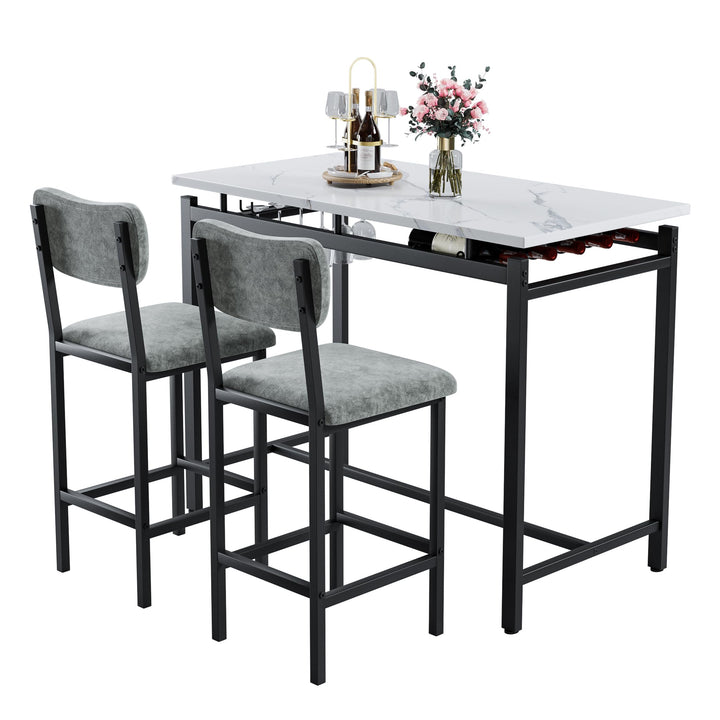 Lamerge 3-Piece Dining Table Set for 2, Table and Chairs with Wine Rack, Kitchen Table Set with 2 Velvet Chairs, Bar Table Set for Small Spaces, Breakfast, Pub, Gray&White