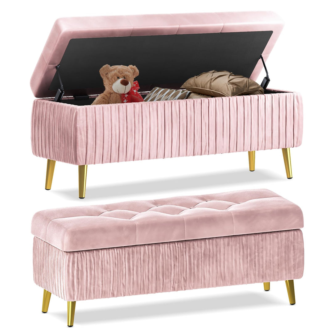 Lamerge Large Upholstered Velvet Storage Ottoman,End of Bed Bench,Flip Top Entryway Bench,Tufted Foot Rest Stool,Can Used as Tea Table,Vanity Bench,Livingroom Chair,47.24" W,Golden & Pink