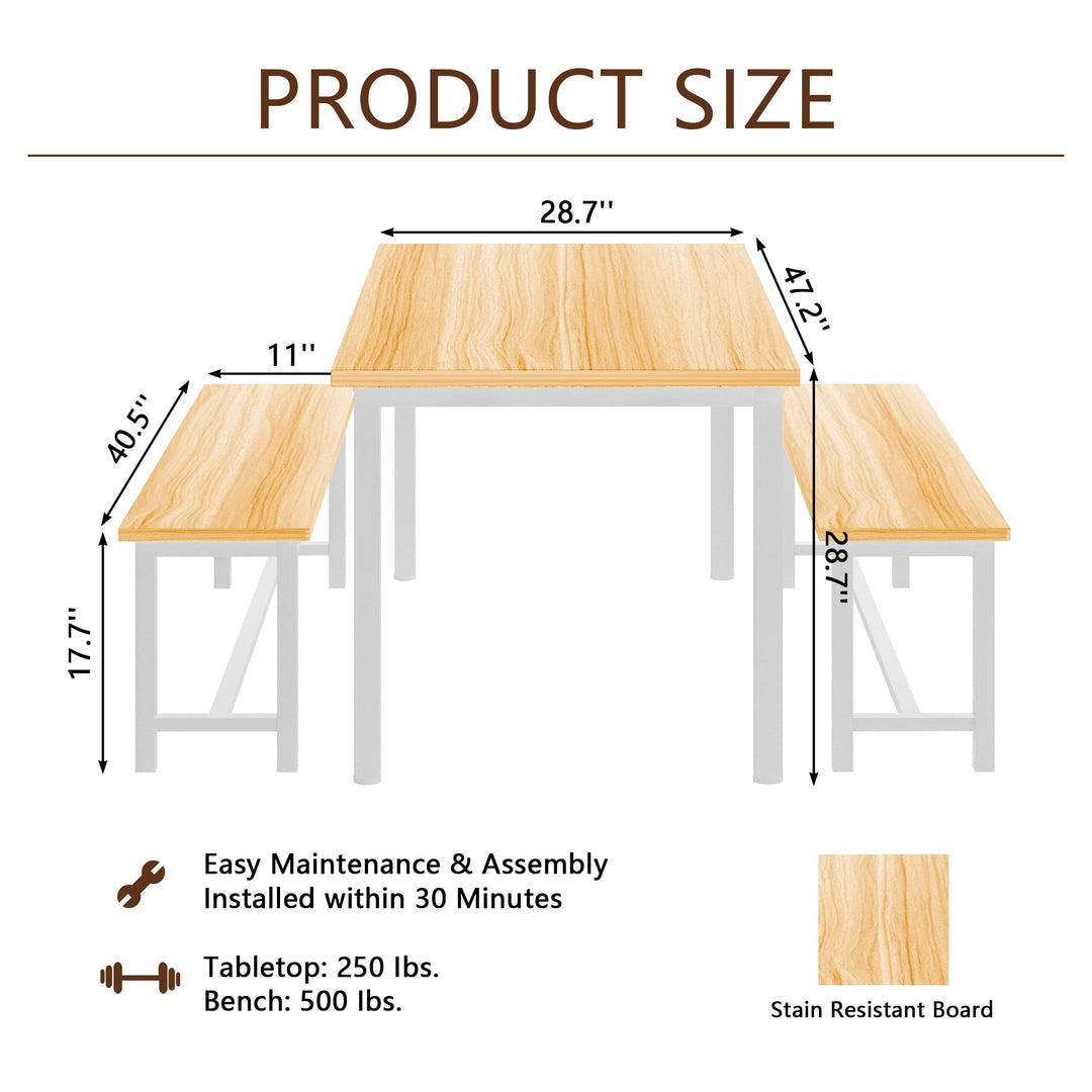 Lamerge Kitchen Table Set with 2 Benches 4 Person Dining Room Table Set for Home Kitchen, Dining Room, Restaurant, Space Saving, 47.2inch Table and 41.3inch Bench, Industrial Brown,CZ-01