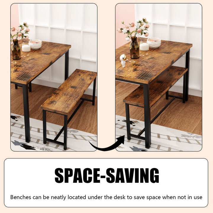 Hooseng Kitchen Table Set with Two Benches, Dining Table Set for 4-6 Persons, Space-Saving 47 Inch Small Kitchen Table Set for Breakfast Nook, Living Room, Apartment, Restaurant, Rustic Brown