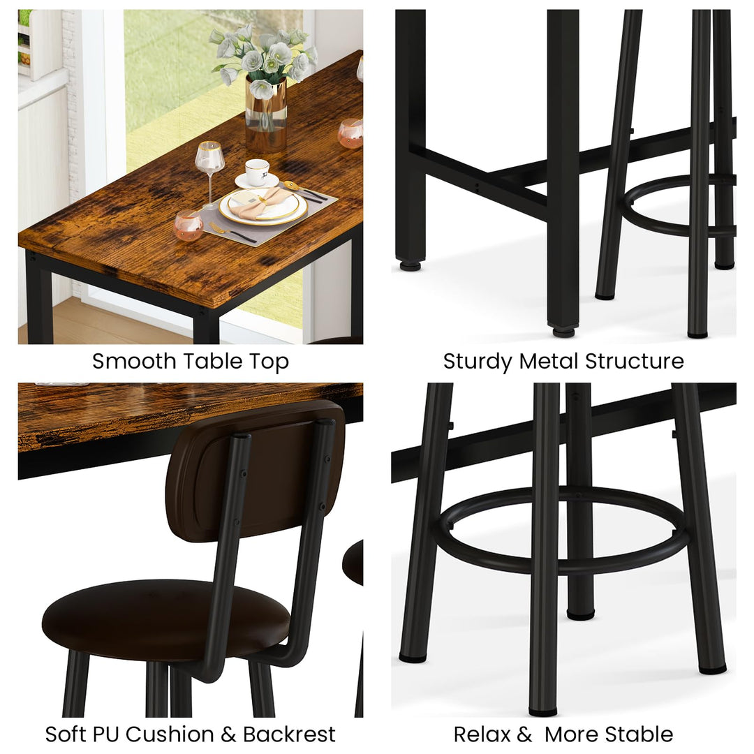 Lamerge Industrial Pub Height Table with 2 PU Upholstered Stools,3-Piece Kitchen Table and Chairs,Suit for Dining Room & Living Room & Breakfast Nook & Bistro,Bar Table Set for 2,Brown & Black,47.2"