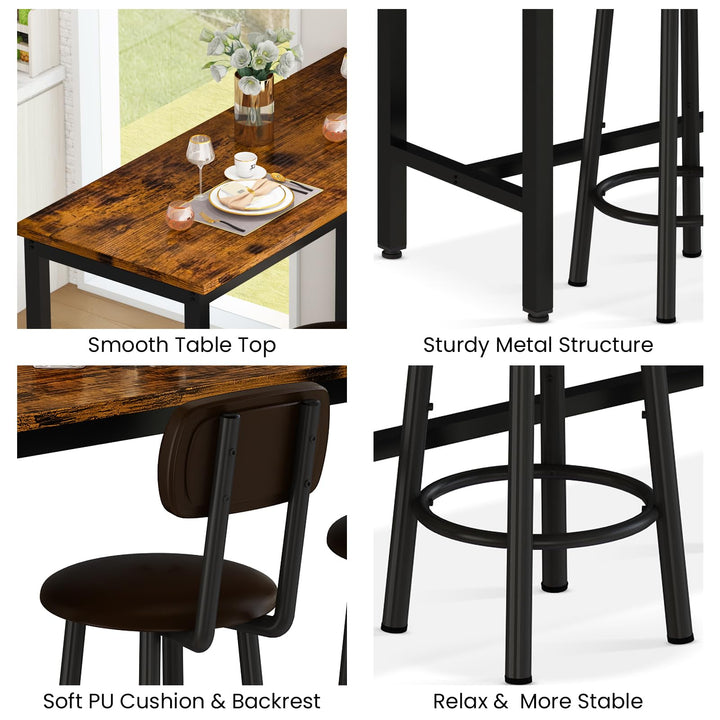 Lamerge Industrial Pub Height Table with 2 PU Upholstered Stools,3-Piece Kitchen Table and Chairs,Suit for Dining Room & Living Room & Breakfast Nook & Bistro,Bar Table Set for 2,Brown & Black,39.3"