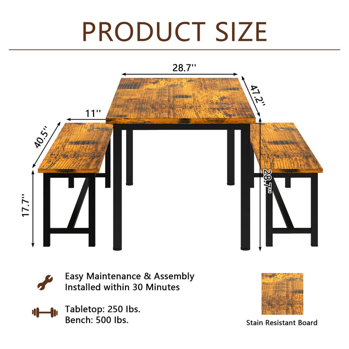 Lamerge Kitchen Table Set with 2 Benches 4 Person Dining Room Table Set for Home Kitchen, Dining Room, Restaurant, Space Saving, 47.2inch Table and 41.3inch Bench, Industrial Brown,CZ-01