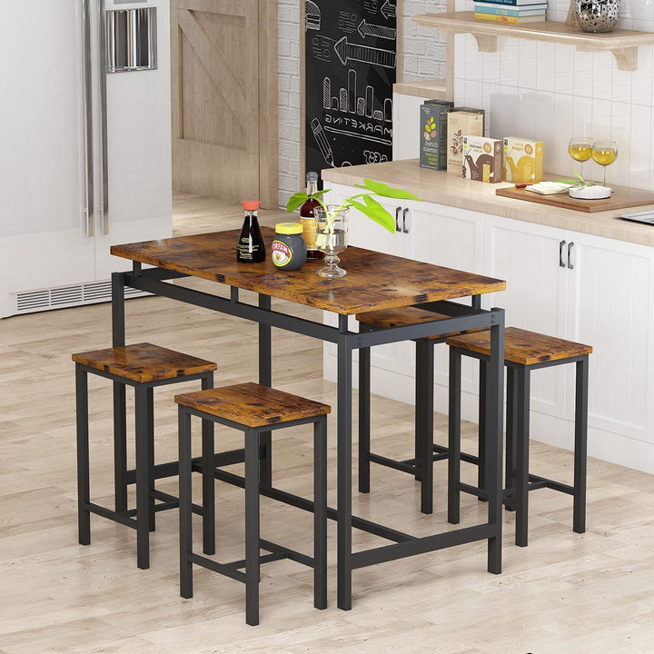 Lamerge Bar Table Set,Industrial Bar Table and Chairs Set,5 Pcs Dining Table Set Counter Height Pub Table with 4 Chairs, Wooden Breakfast Table Set Kitchen Counter,Adjustable Feet,Rustic Brown