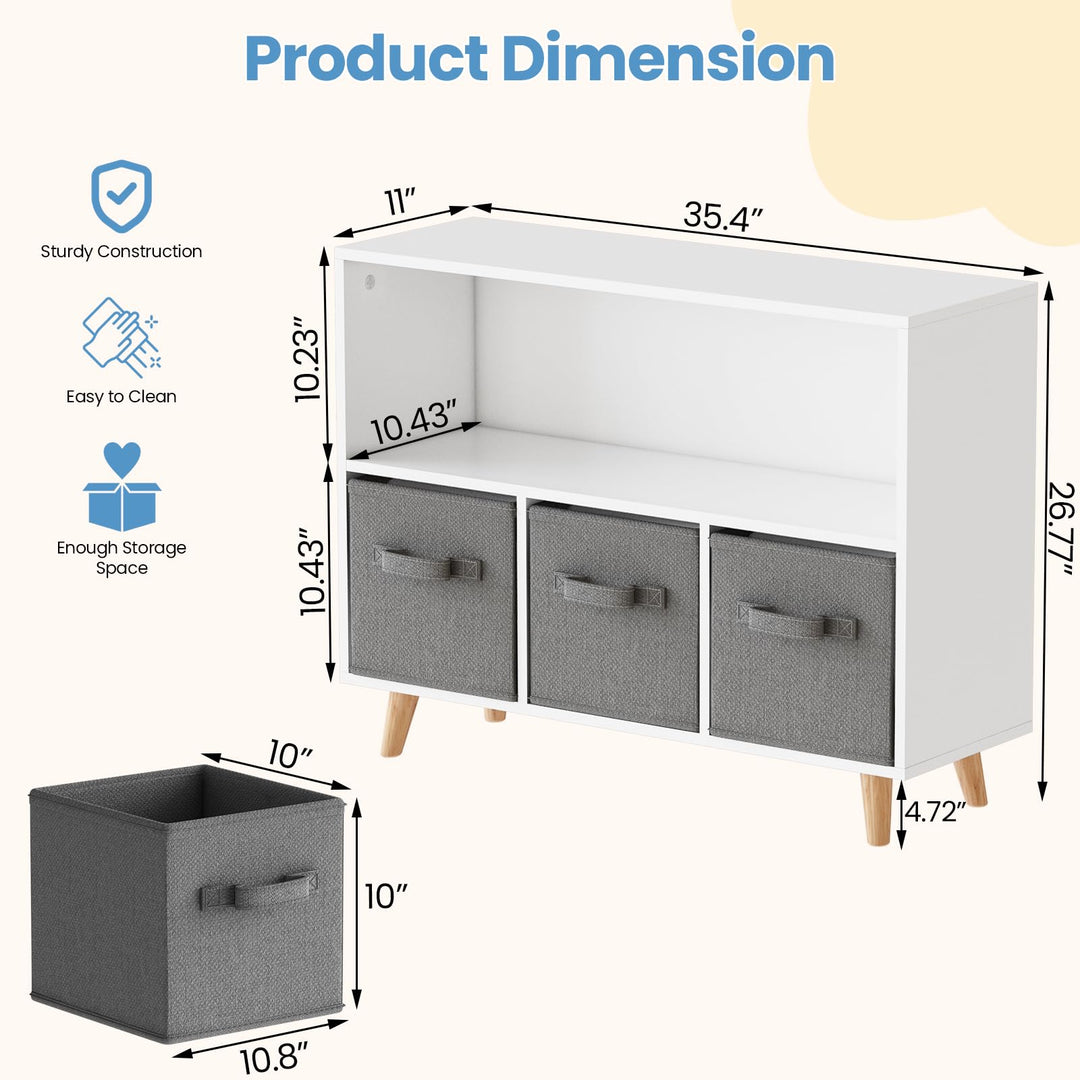 Lamerge Toy Storage Organizer with 3 Drawers, Multi-Functional Children Bookcase, Kids Bookshelf for Nursery, Playroom and Bedroom, Grey