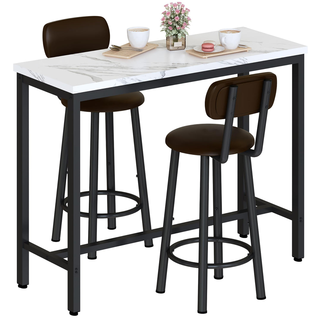 Lamerge Industrial Pub Height Table with 2 PU Upholstered Stools,3-Piece Kitchen Table and Chairs,Suit for Dining Room & Living Room & Breakfast Nook & Bistro,Bar Table Set for 2,Brown & Black,39.3"