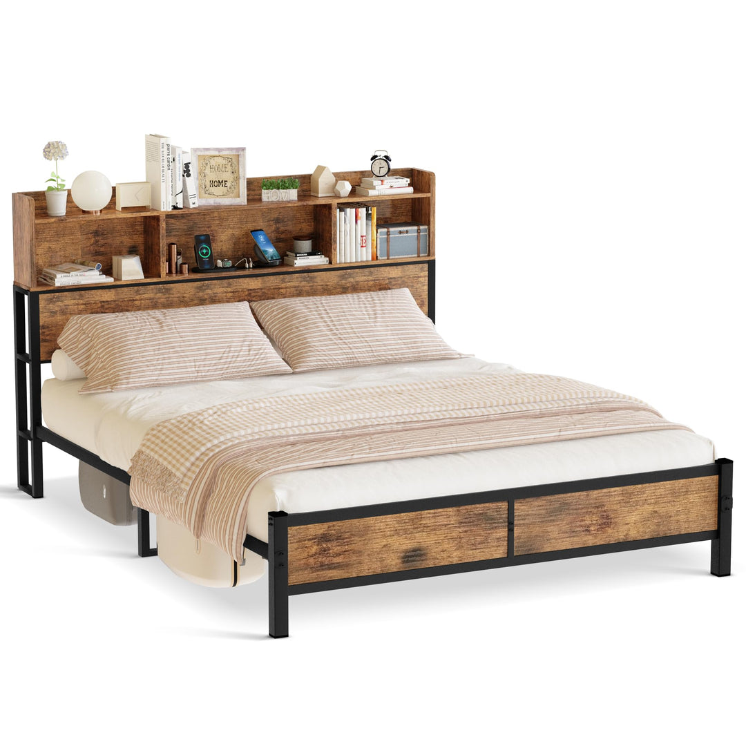 Lamerge Queen Bed Frame with Storage Headboard and Charging Station,Metal Platform Bed Queen with Bookcase Storage,No Box Spring Needed, Easy Assembly, Noise-Free, Walnut