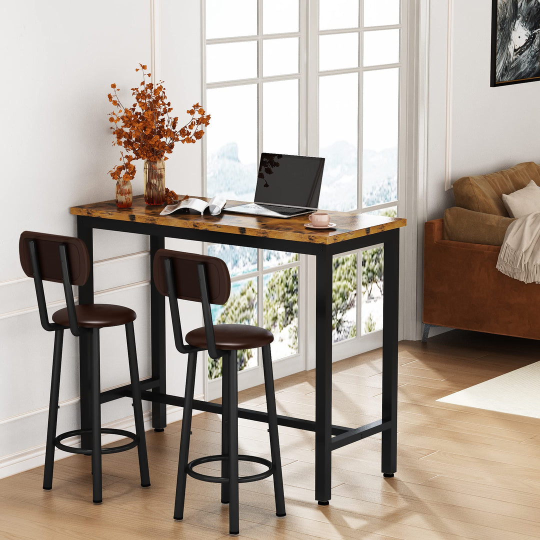 Lamerge Industrial Pub Height Table with 2 PU Upholstered Stools,3-Piece Kitchen Table and Chairs,Suit for Dining Room & Living Room & Breakfast Nook & Bistro,Bar Table Set for 2,Brown & Black,39.3"