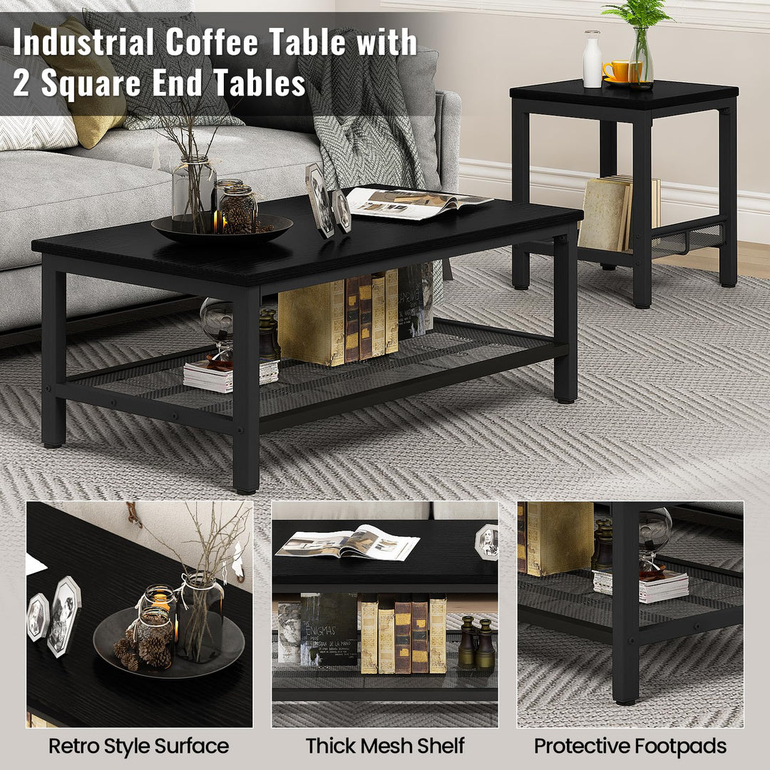 Lamerge 3 Pieces Living Room Table Set, Industrial Coffee Table with 2 Square End Side Tables, Coffee Table Set with Metal Frame for Apartment Home Office, Black