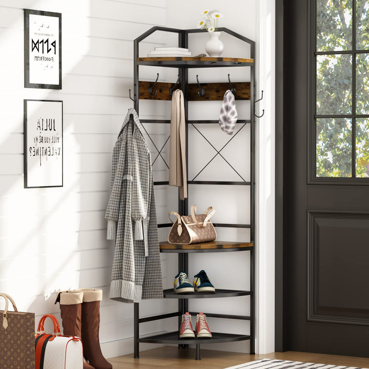 Lamerge Coat Rack Stand with Storage, Multifunctional Entryway Shelf Organizer with 10 Hooks and 6-tier Shelves, 72" Industrial Hall Tree Freestanding Clothes Rack for Bedroom Hallway Entryway