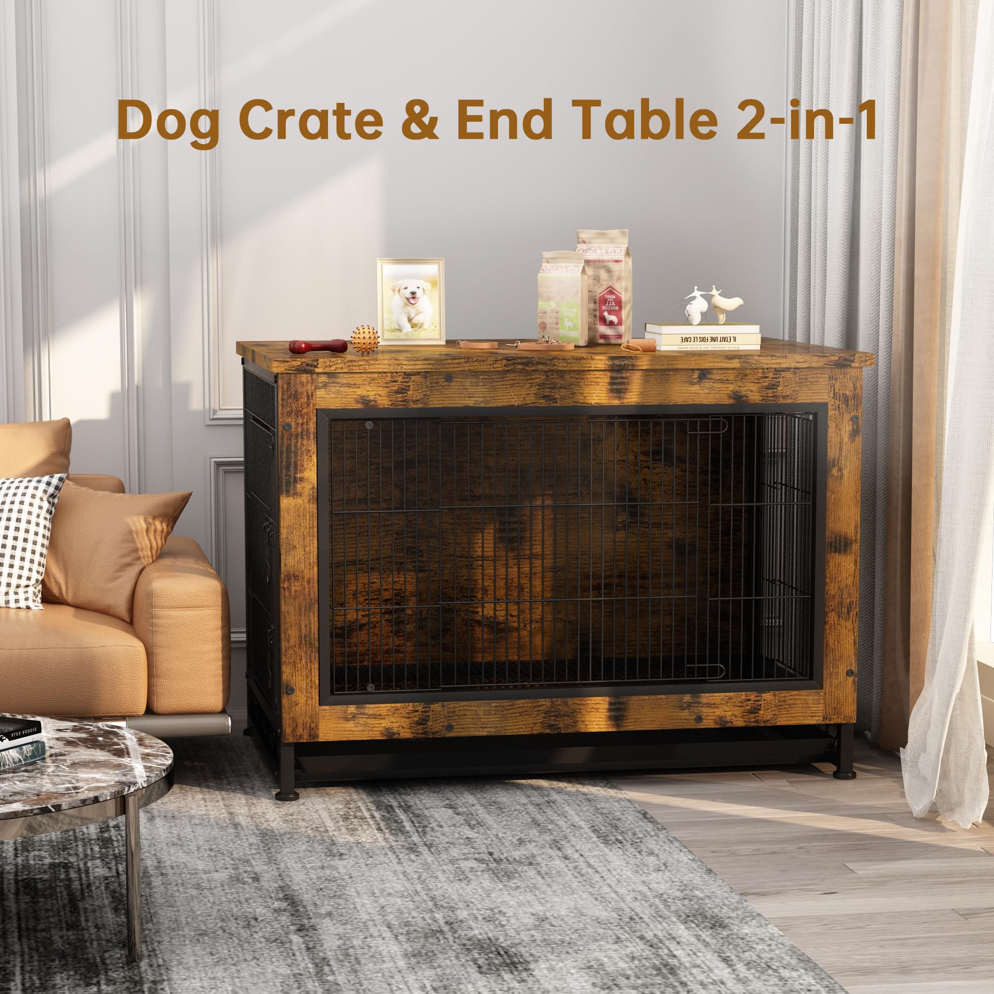 Lamerge 3 Door Dog Crate Furniture Wooden Dog Crate End Table with Removable Tray Indoor Dog Kennels for Small Medium Large Dog 31.7 L x 21.7 W x