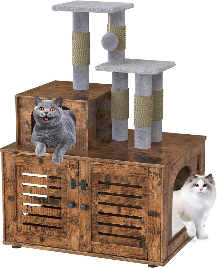 Lamerge Cat Litter Box Enclosure,Hidden Kitty Washroom,Multifuctional Enlarged Cat Litter Cabinet Cat House with Cat Tree Tower Scratching Post,Removable Divider,Rustic Brown