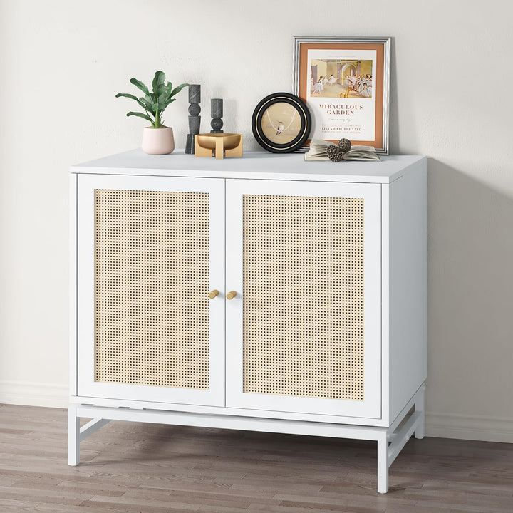 Lamerge Rattan Cabinet Set of 2, Sideboard Buffet Cabinet with Storage Accent Cabinet with Doors & Adjustable Shelves,Sideboard Storage Cabinet for Living Room, Dining Room,White