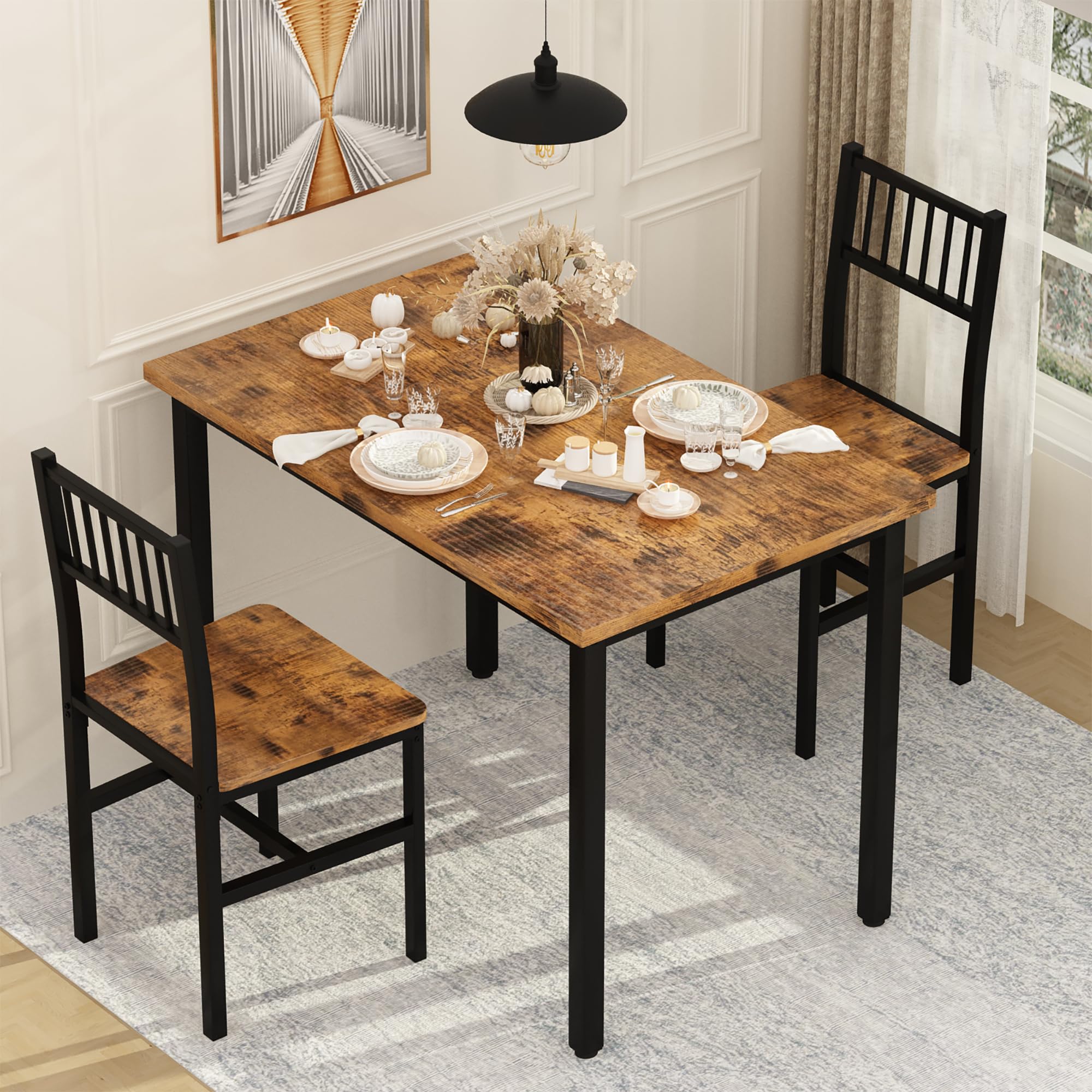 Lamerge Small Kitchen Table Set for 2 Industrial Dining Breakfast Table and 2 Chairs 3 Pieces Dining Table Set for Dining Room Living Room