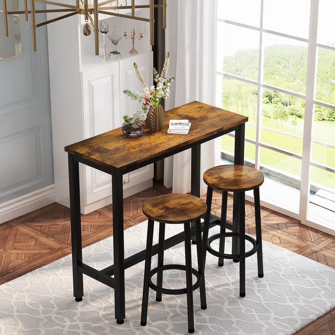 Lamerge Industrial Pub Height Table with 2 PU Upholstered Stools,3-Piece Kitchen Table and Chairs,Suit for Dining Room & Living Room & Breakfast Nook & Bistro,Bar Table Set for 2,Brown & Black,39.3"