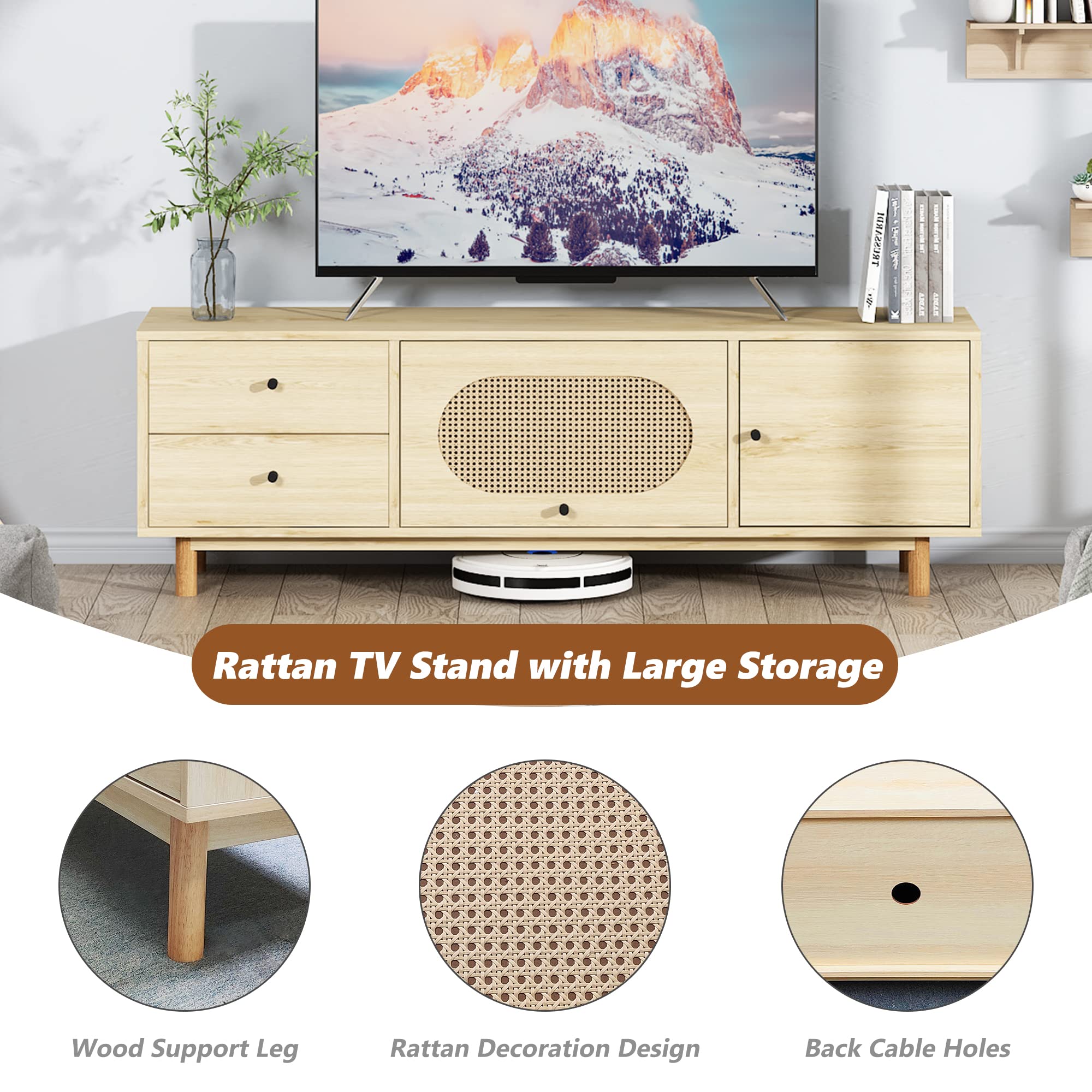 Lamerge Boho TV Stand with Rattan Door Modern Entertainment Center for 70 Inch TV Media Console Table with Cabinet Storage and 2 Drawers Farmhouse